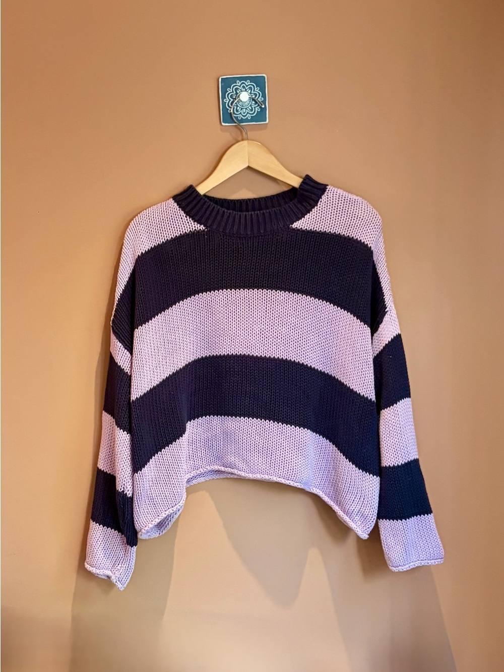 100% Cotton Chunky Striped Oversized Crewneck Sweater in Lavender and Navy Blue